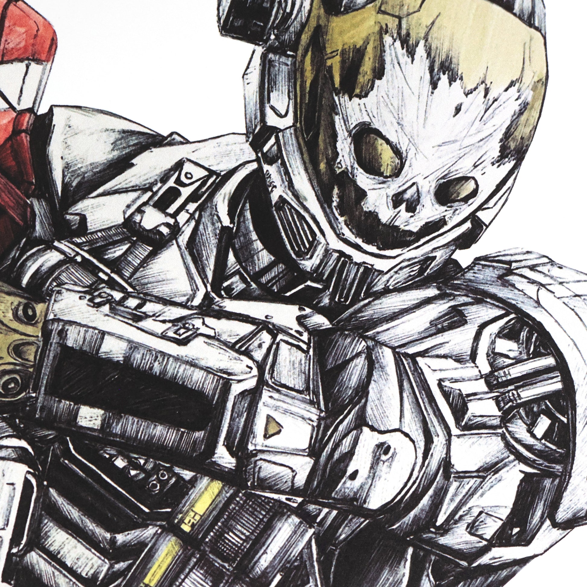 Close-up of hand‑drawn Halo art print of Emile‑A239, featuring his skull‑etched EVA helmet and fierce warrior stance. A4 matte fan art poster for Halo collectors.