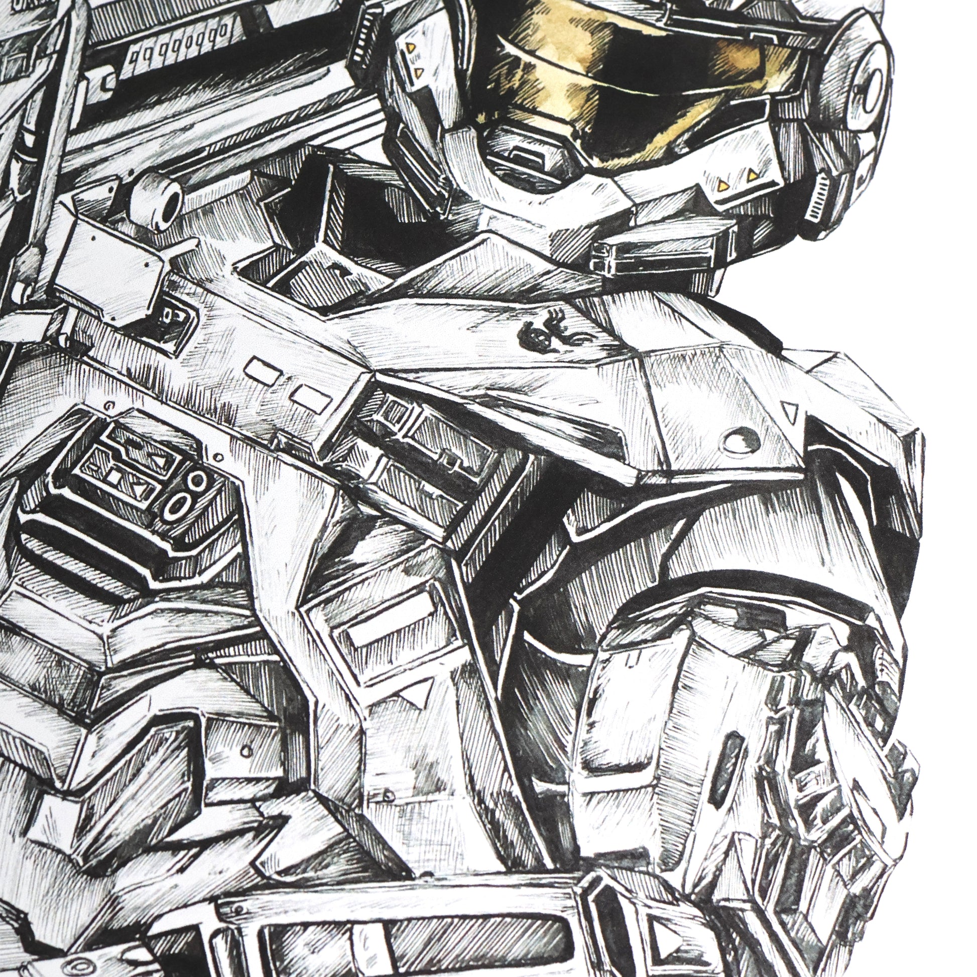 A close-up of a hand‑drawn Halo art print of Noble Six, Spartan‑B312, wielding a Spartan Laser in a heroic combat pose. A4 matte fan art print for Halo collectors.