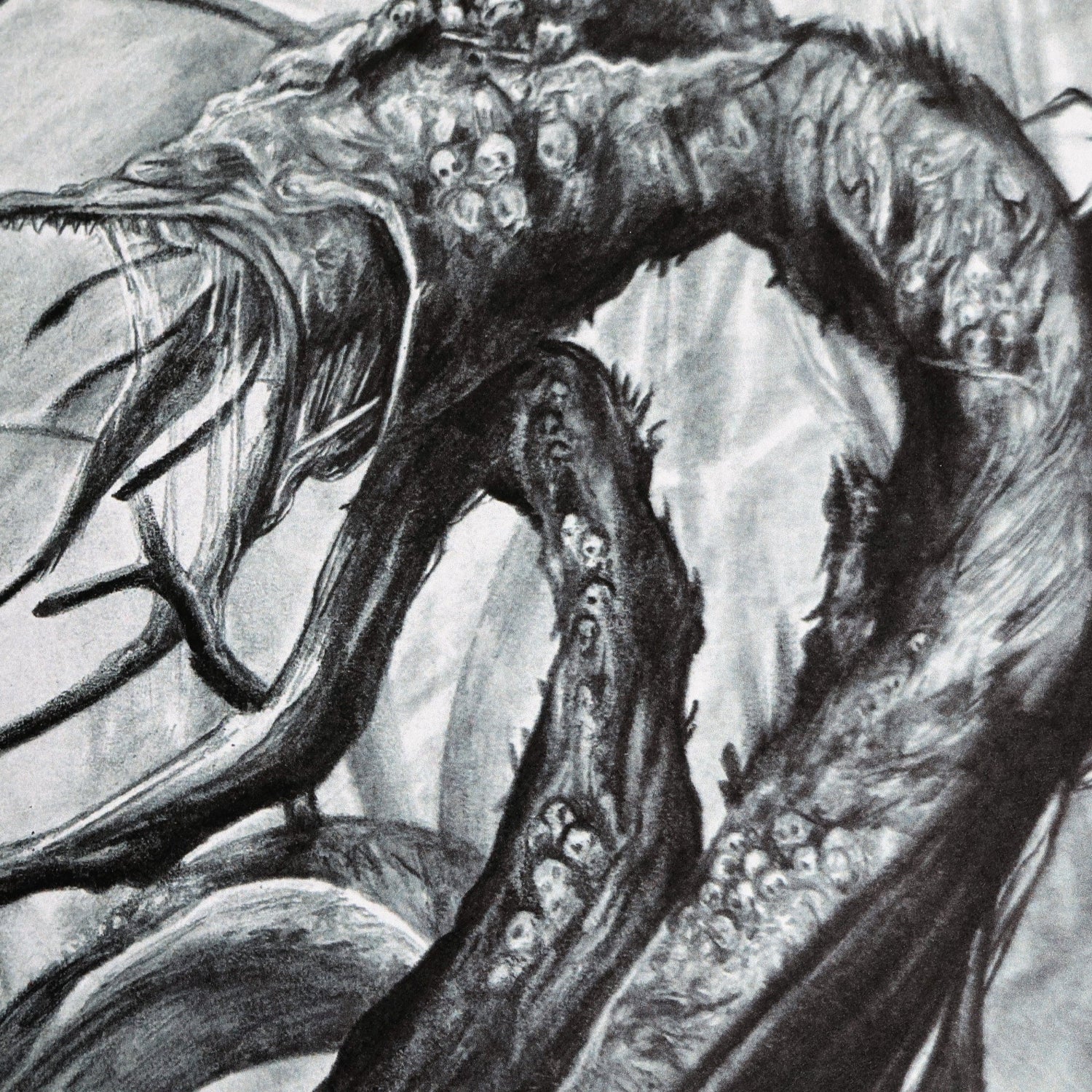 Close-up of a hand‑drawn Halo art print of the Gravemind, depicting its massive tendrils and menacing presence during its confrontation with Master Chief. Dark, detailed sci‑fi fan art.