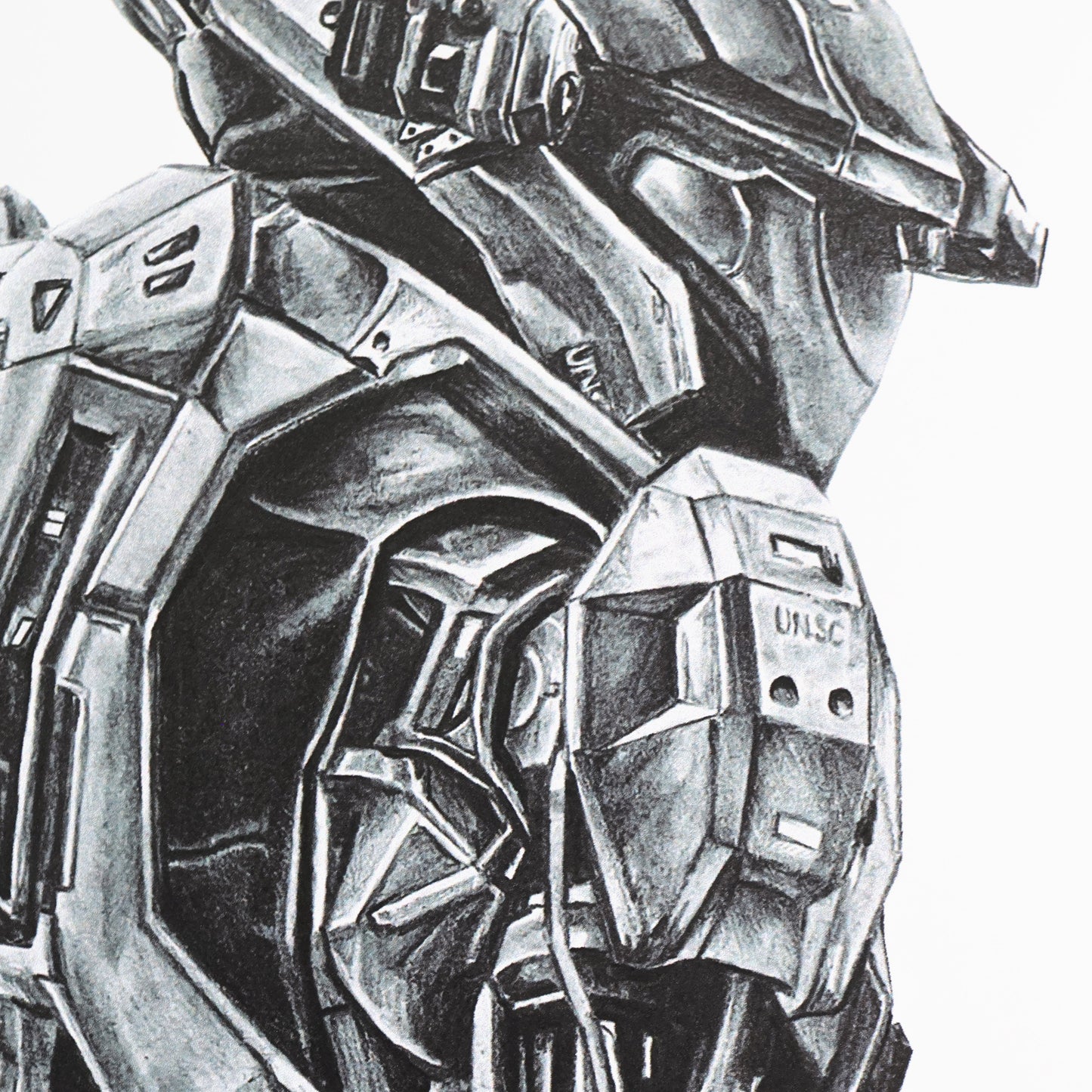 A close-up and side profile of a hand‑drawn Halo Reach art print of Kat‑B320 in a reflective, tactical pose, highlighting her distinctive Spartan armour. A4 matte fan art poster for Halo collectors.