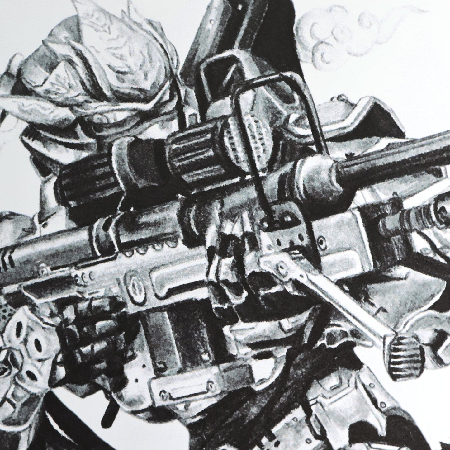 Close-up hand‑drawn Halo art print of the HAYABUSA armour, featuring its iconic samurai‑inspired design.
