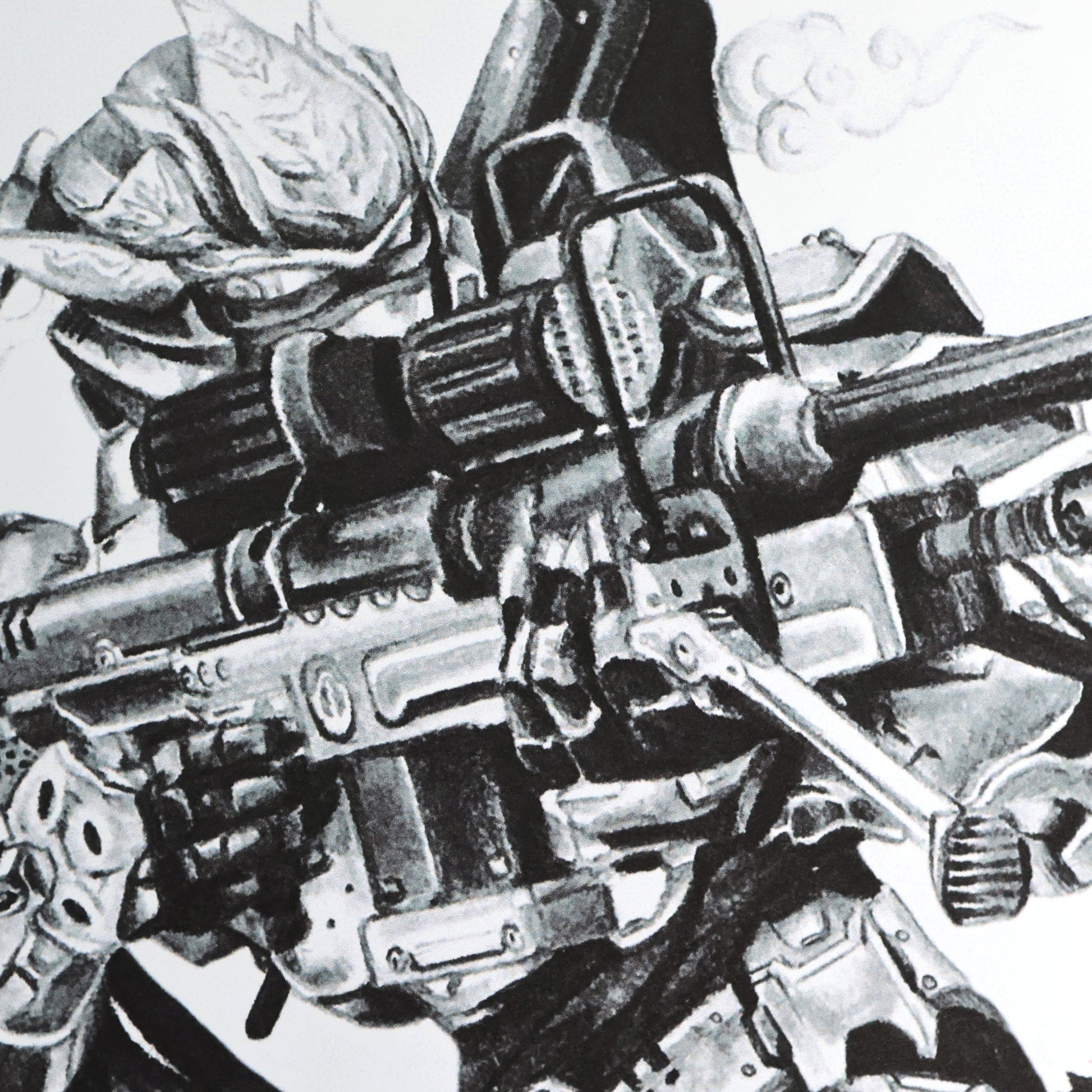 Close-up hand‑drawn Halo art print of the HAYABUSA armour, featuring its iconic samurai‑inspired design.