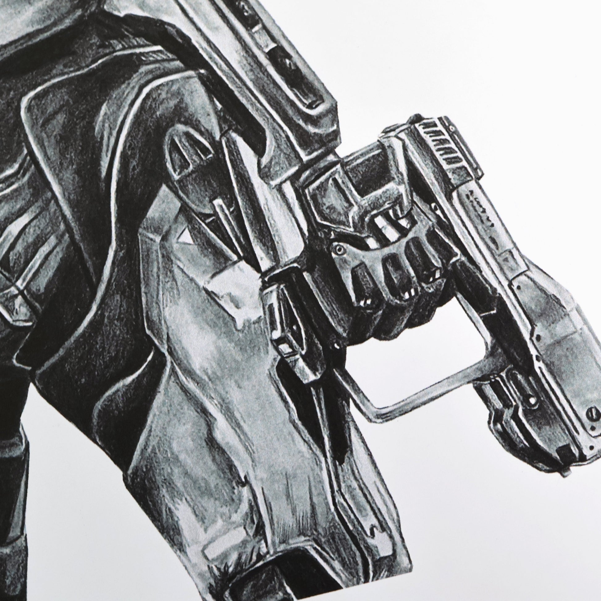 A close up of a gun in a hand‑drawn Halo Reach art print of Kat‑B320 in a reflective, tactical pose, highlighting her distinctive Spartan armour. A4 matte fan art poster for Halo collectors.