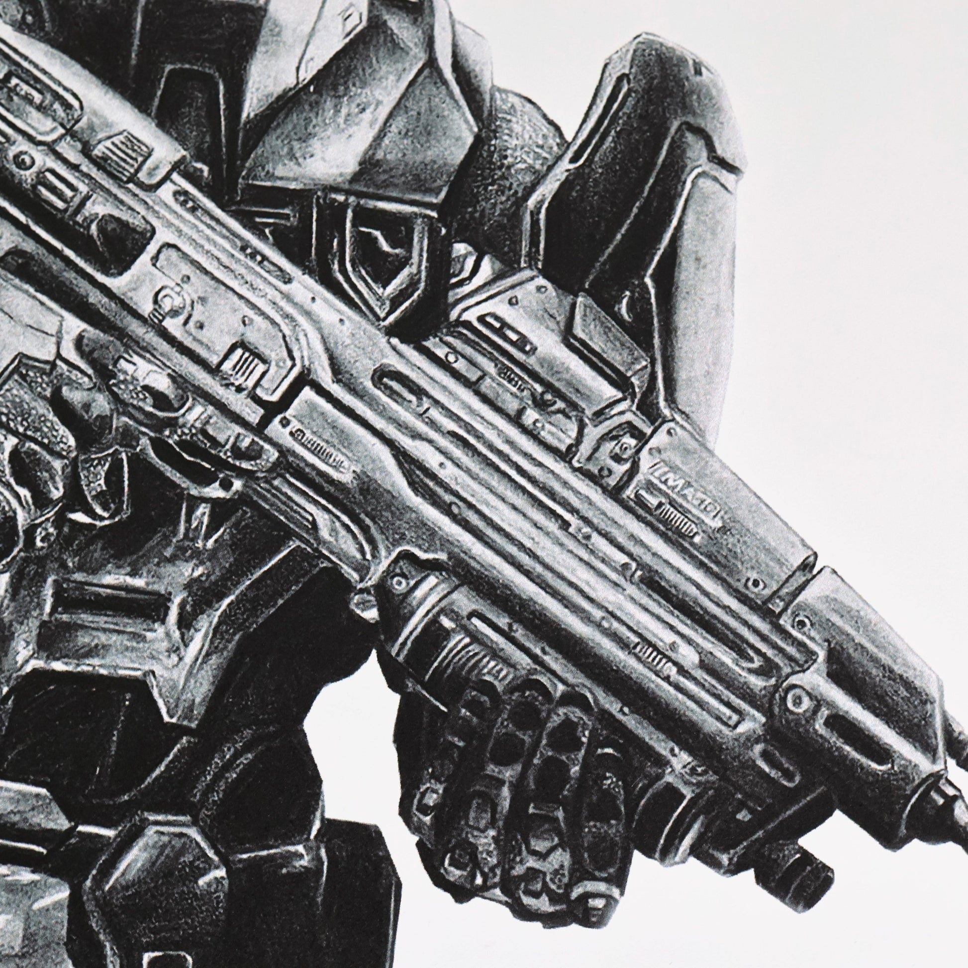 Close-up of gun in hand‑drawn Halo Infinite art print of a Mark VII Spartan in a dynamic pose, showcasing its sleek armour design. A4 matte fan art poster for Halo collectors.