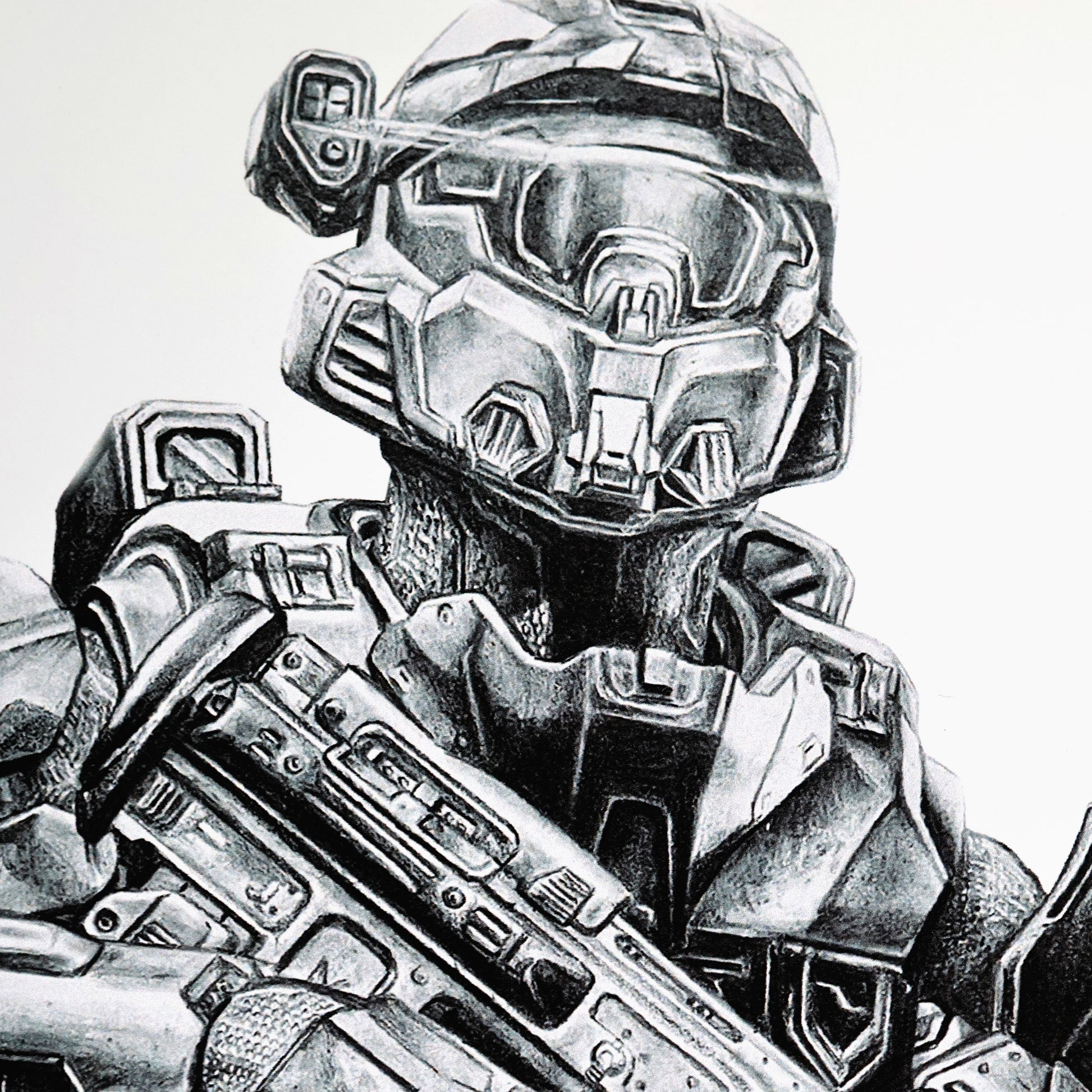 Close-up of helmet in hand‑drawn Halo Infinite art print of a Mark VII Spartan in a dynamic pose, showcasing its sleek armour design. A4 matte fan art poster for Halo collectors.