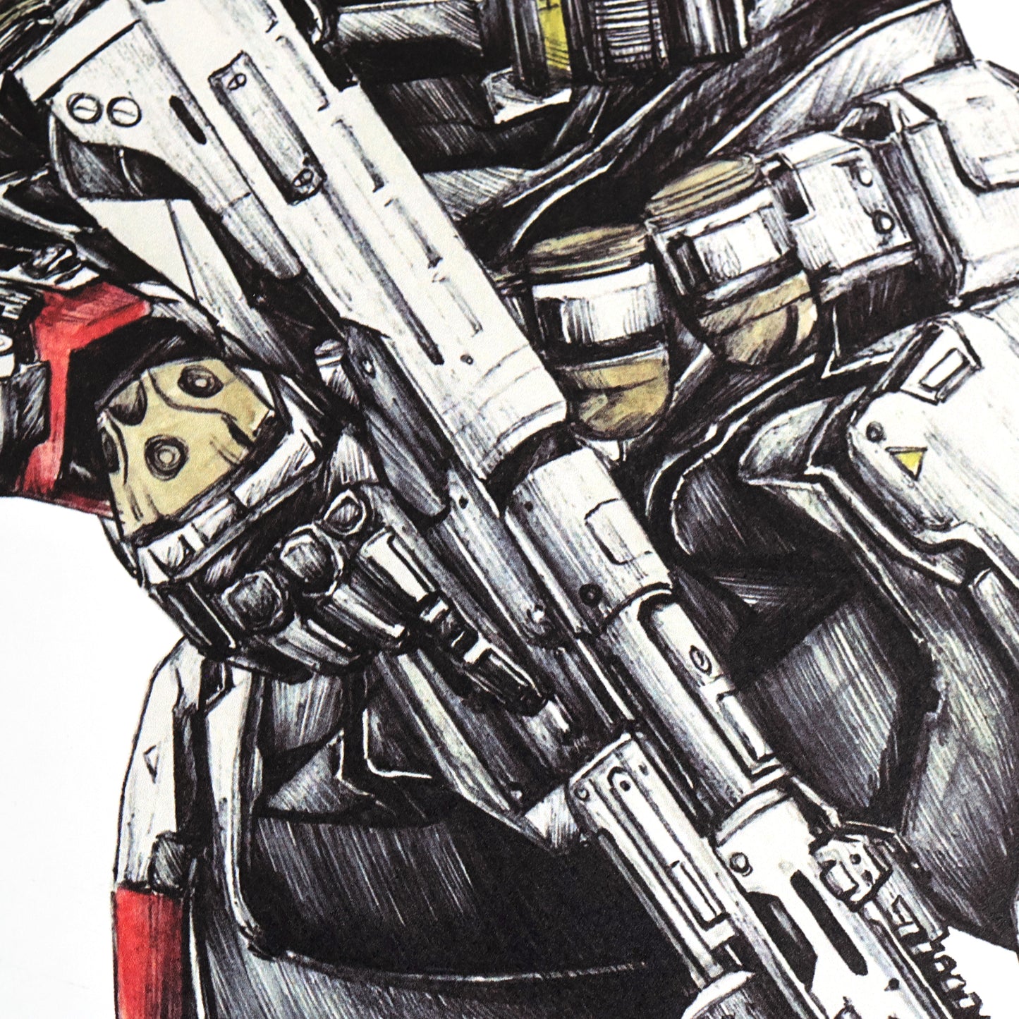 Close-up of gun in hand‑drawn Halo art print of Emile‑A239, featuring his skull‑etched EVA helmet and fierce warrior stance. A4 matte fan art print for Halo collectors.