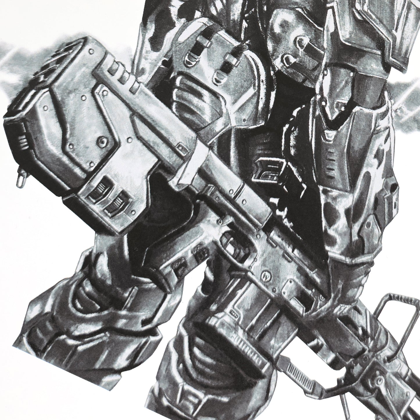 Close-up of a gun in a hand‑drawn Halo art print of an ODST trooper in a somber, reflective pose, capturing the bravery and legacy of the ODSTs. A4 matte fan art print for collectors.