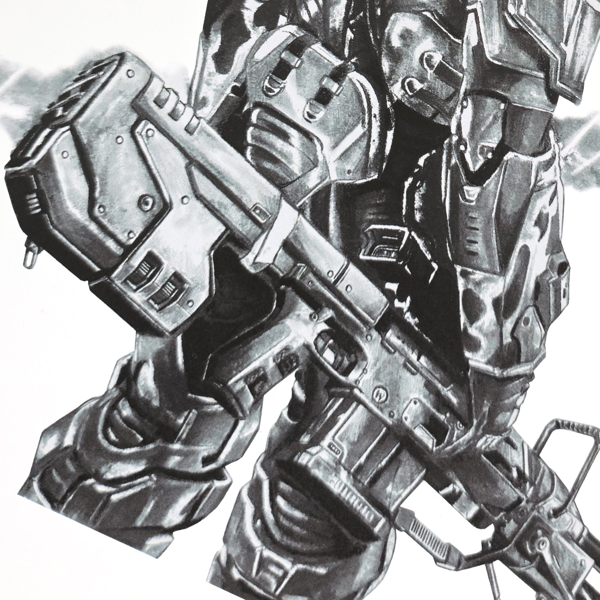 Close-up of a gun in a hand‑drawn Halo art print of an ODST trooper in a somber, reflective pose, capturing the bravery and legacy of the ODSTs. A4 matte fan art print for collectors.