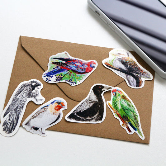 This Australian bird art vinyl stickers pack includes 6 stickers: 1 x Kookaburra, 1 x Magpie, 1 x Musk Lorikeet, 1 x Crimson Rosella, 1 x Black Cockatoo, 1 x Welcome Swallow. Made from high quality vinyl, these stickers are beautifully vivid in colour and capture each iconic Australian bird in stunning detail.