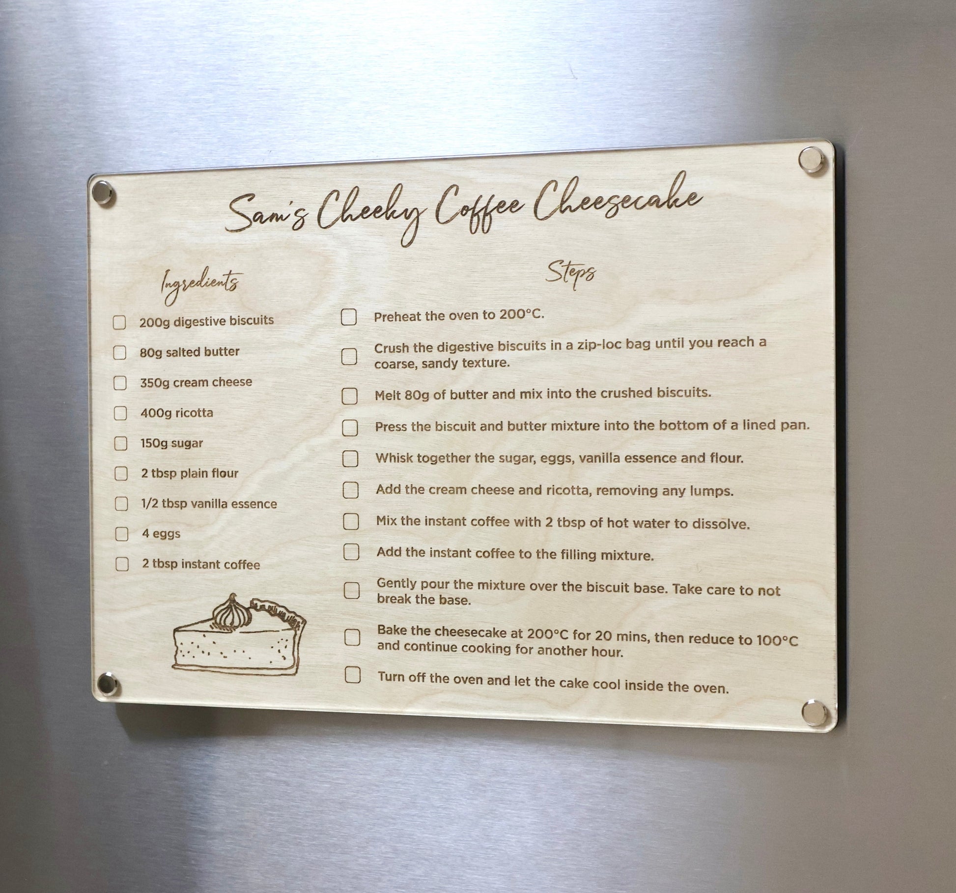 Custom Recipe LayaBoard with magnet mounts by Artysn Studio.Each Recipe LayaBoard will come with a custom drawing of the dish to add the final, finishing touch.