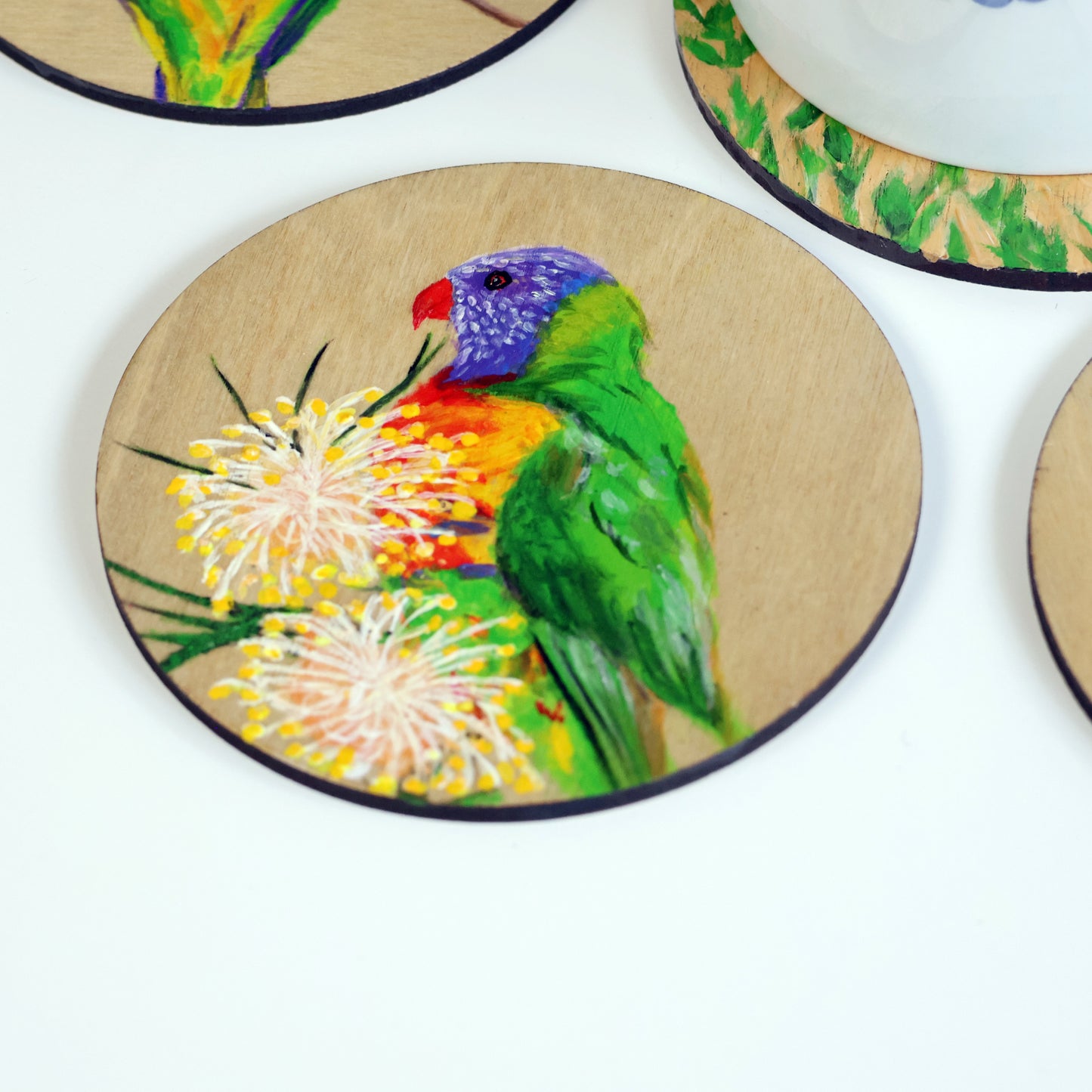 Nature Themed Hand Painted Wooden Coaster - Rainbow Lorikeet (B)