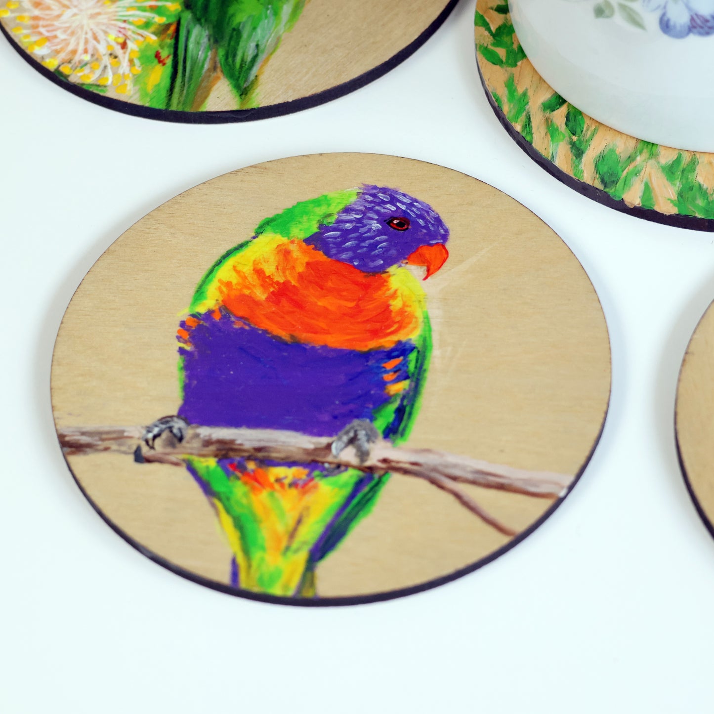 Nature Themed Hand Painted Wooden Coaster - Rainbow Lorikeet (A)