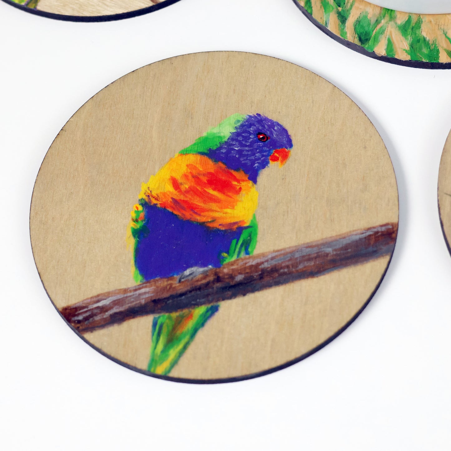 Nature Themed Hand Painted Wooden Coaster - Rainbow Lorikeet (C)