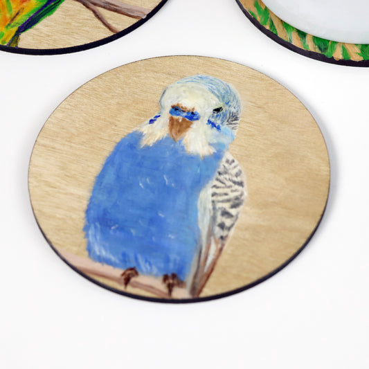 Nature Themed Hand Painted Wooden Coaster - Budgerigar