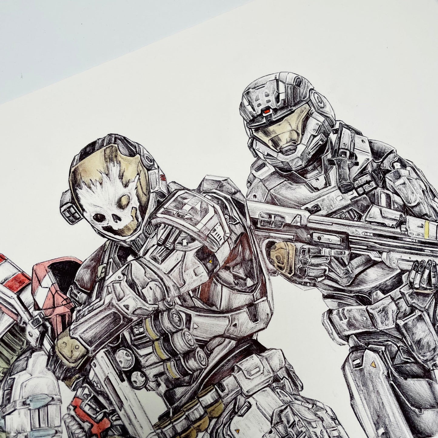 Noble Team duo art print/poster - illustration of two Noble Team Spartans from Halo Reach standing together in detailed armor and showcasing their weapons. 