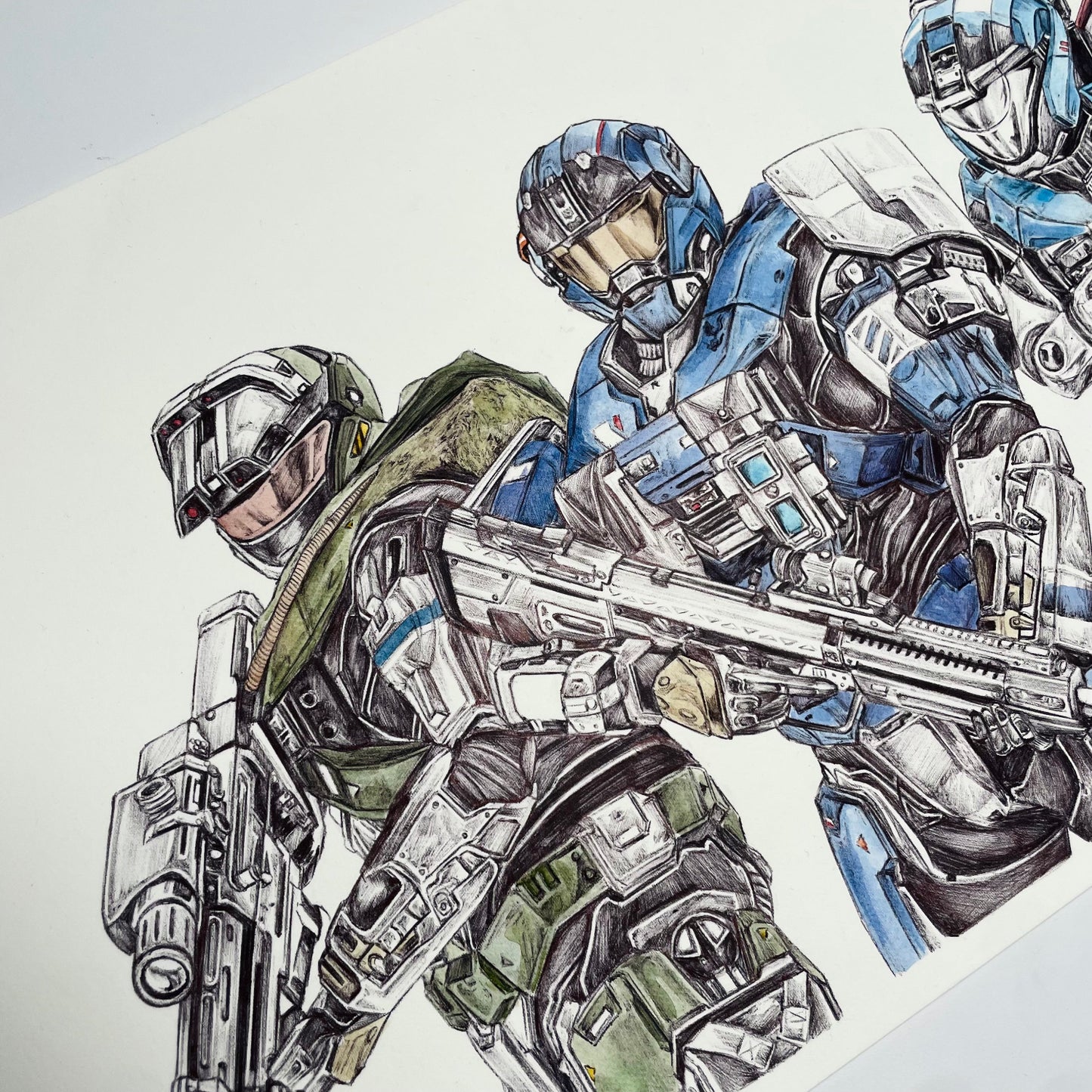 Noble Team trio art print/poster - illustration of three Noble Team Spartans from Halo Reach posed together in detailed armour and showcasing their weapons.