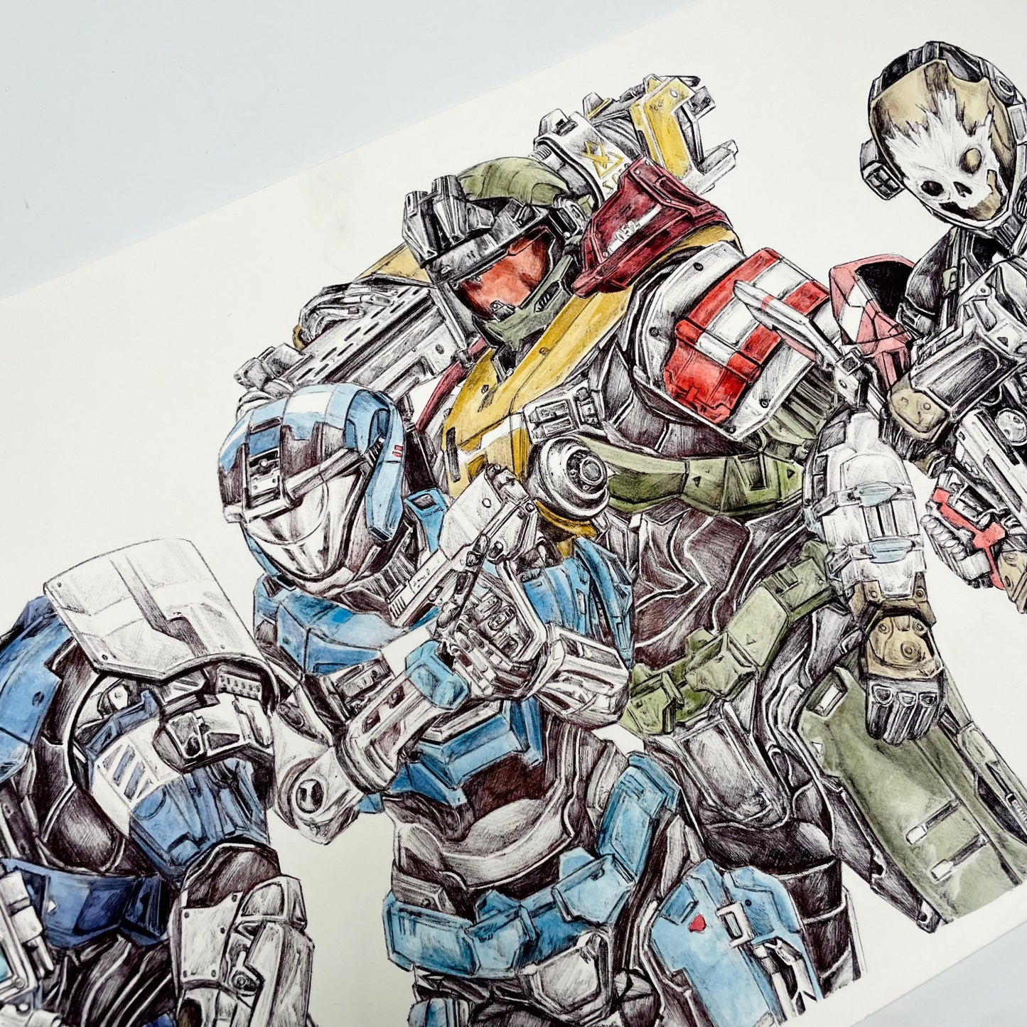 Halo Reach trio fan art print/poster - Detailed illustration of three Noble Team Spartans from Halo Reach posed together in detailed armor and weapons.