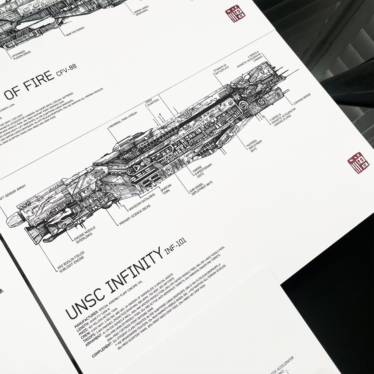 UNSC Infinity fan art print/poster - stylised sci-fi print/poster highlighting the scale and detailed illustration of UNSC Infinity supercarrier. 