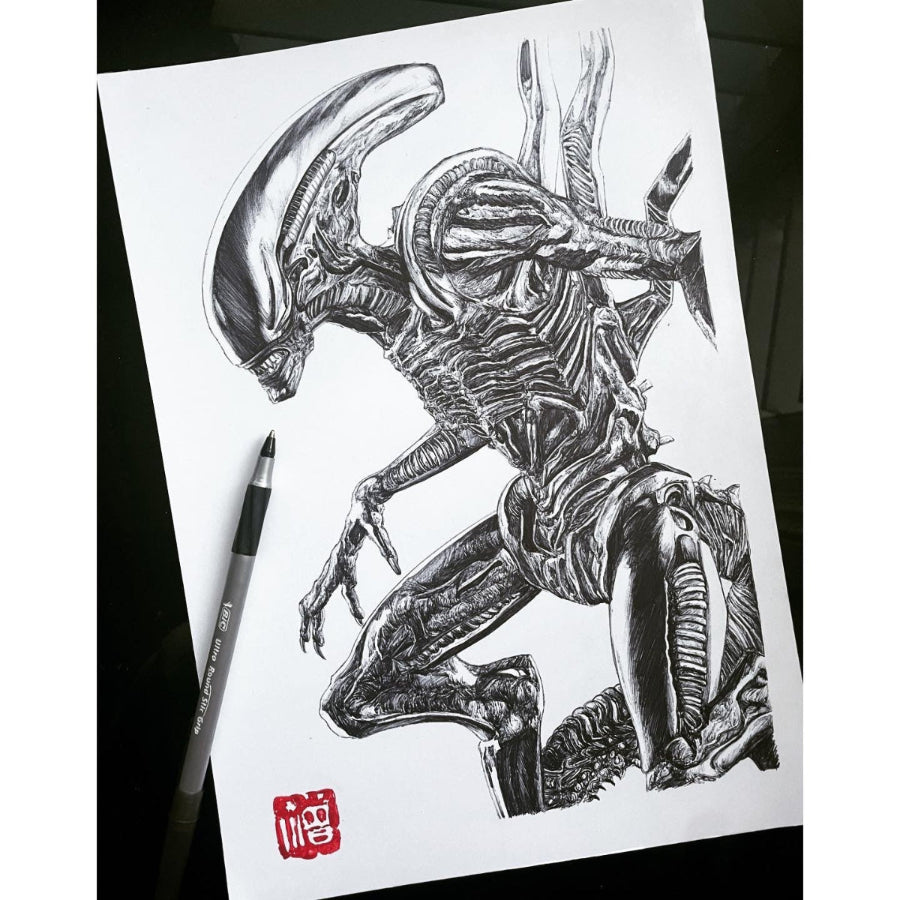 Entransing's fan art of the Alien Xenomorph art print, inspired by the iconic Alien franchise. This high-quality print captures the fierce and chilling presence of the Xenomorph.