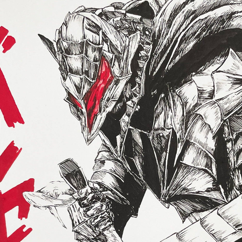 Close up of Entransing's fan art featuring Guts in Berserker Armor, inspired by the legendary manga series, Berserk.