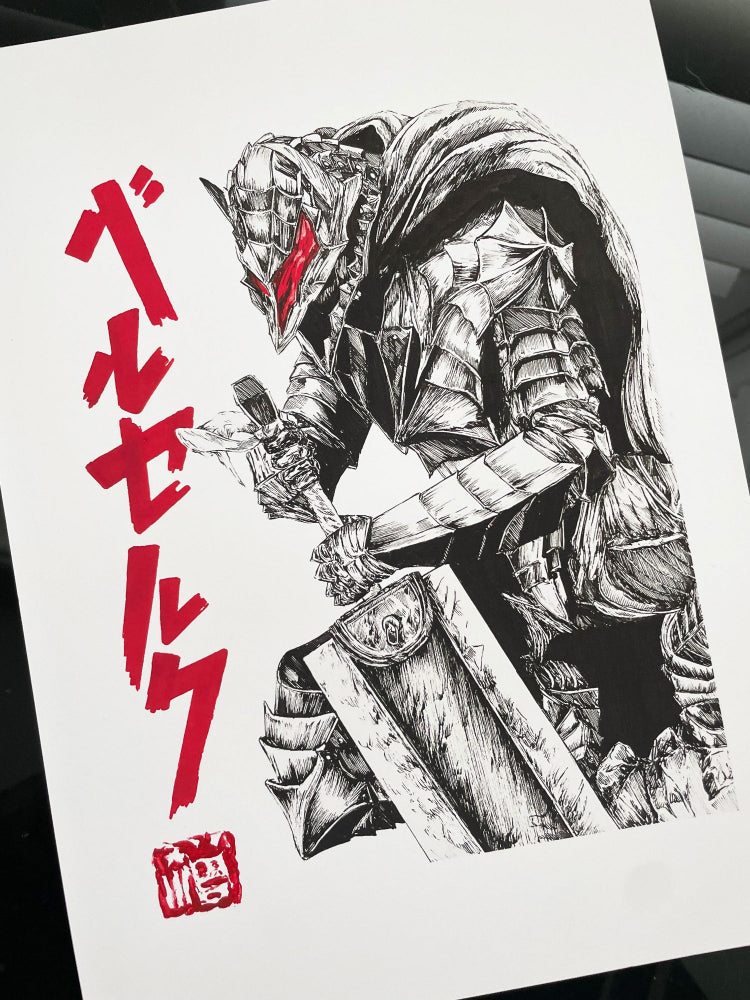 Entransing's fan art featuring Guts in Berserker Armor, inspired by the legendary manga series, Berserk. This high-quality print captures the intense and dark essence of Guts in his formidable armor with the helmet took the shape of a wolf.