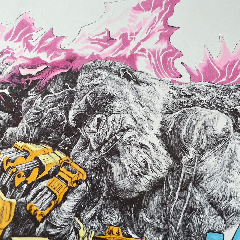 Close up on the remarkable detail of King Kong of Entransing's MonsterVerse fan art, the Godzilla vs. King Kong art print.