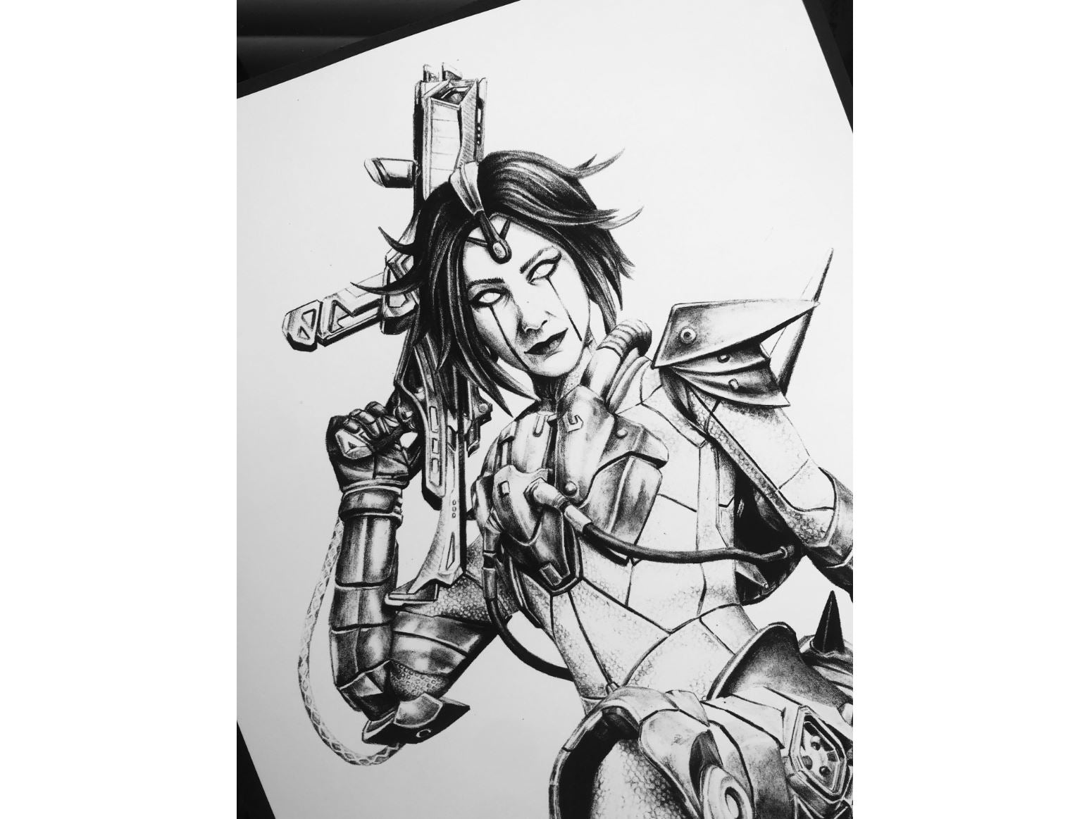 Closeup of Entransing's original hand-drawn artwork, Horizon Dark Matter, inspired by Apex Legends.