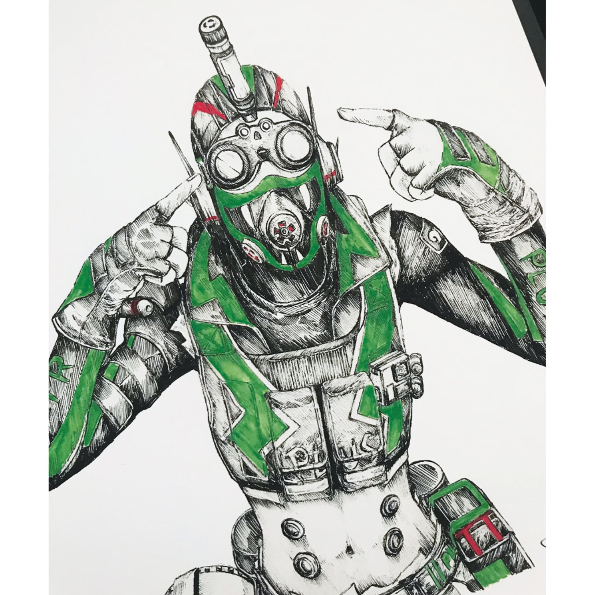 Closeup of hand drawn Octane-Hit and Run art print, inspired by Apex Legends.