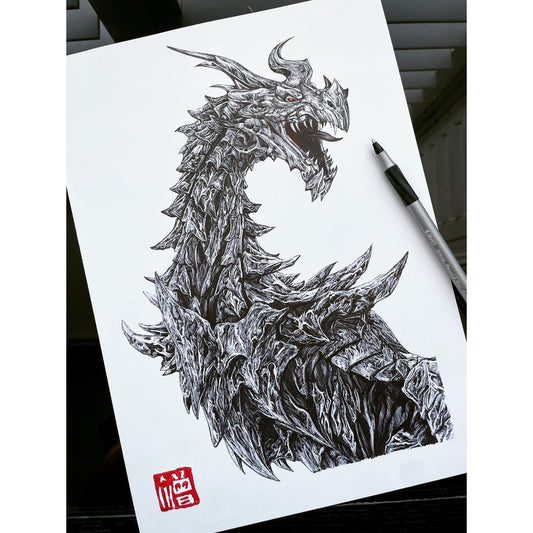Art print of Alduin, the World Eater, inspired by the Elder Scrolls franchise. This hand-drawn artwork captures the timeless and powerful presence of the First Dragon.