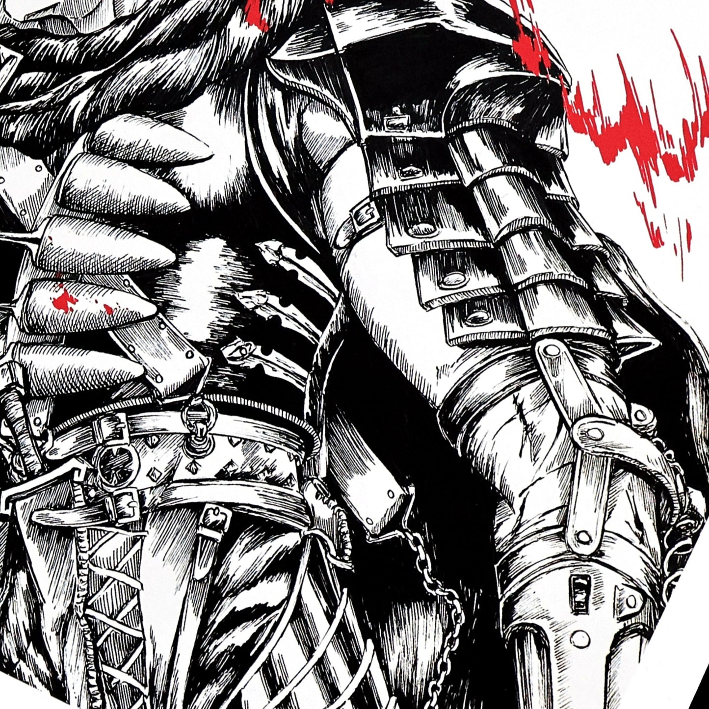 Closeup of illustration of Guts from Berserk in detailed armor. 