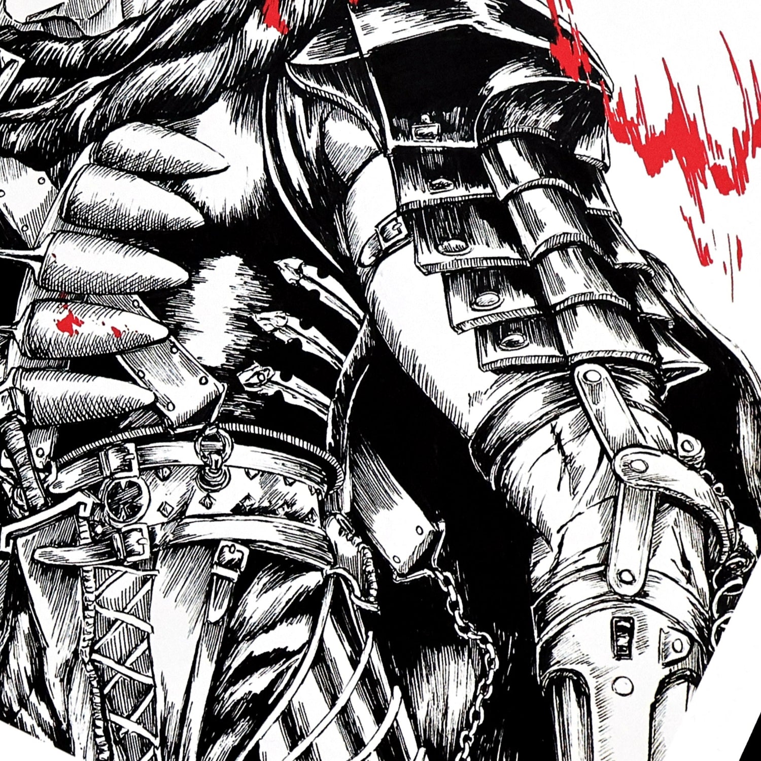 Closeup of illustration of Guts from Berserk in detailed armor. 