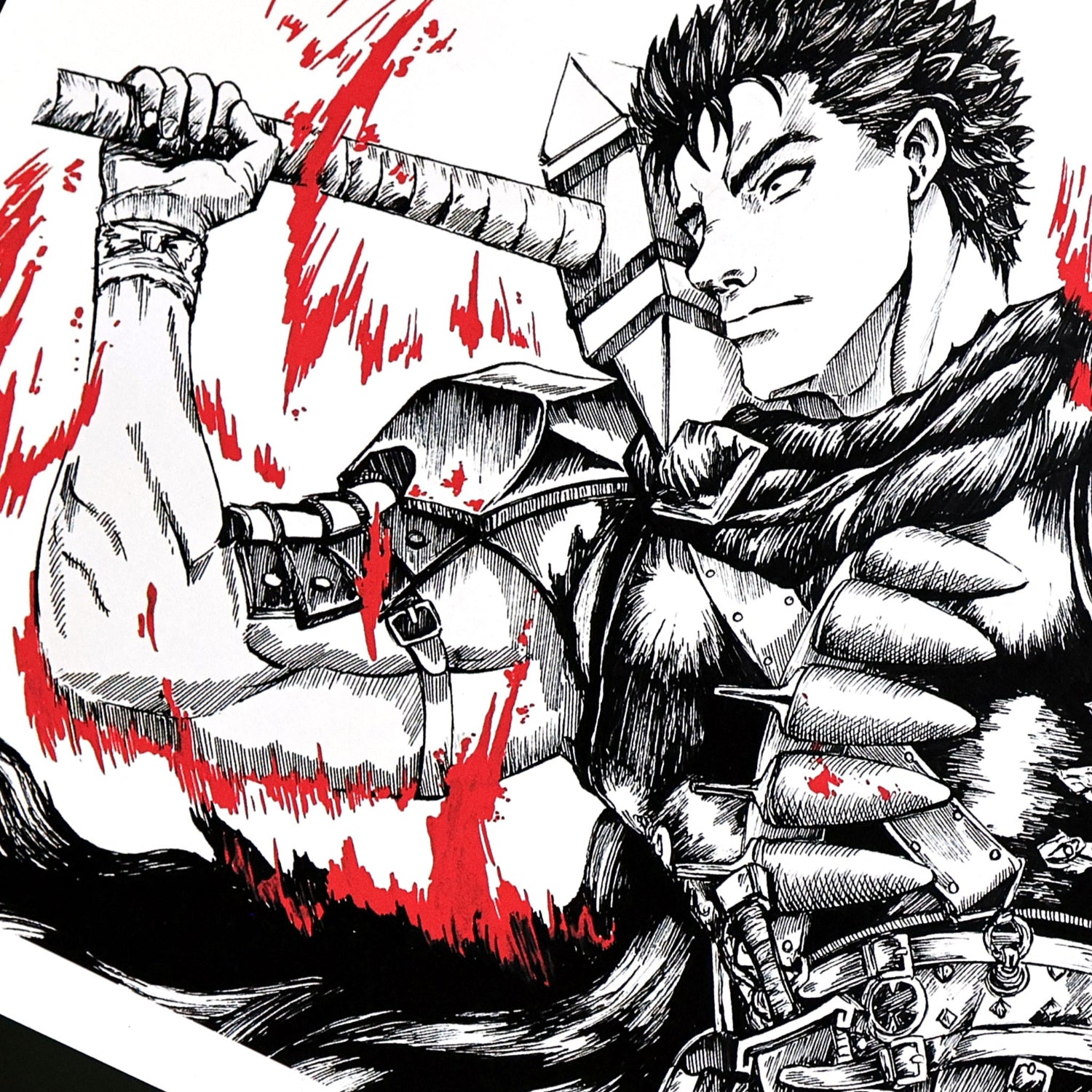 Closeup of illustration of Guts from Berserk, shown in detailed armor with a massive sword over his shoulder. Features bold linework and a stern expression.