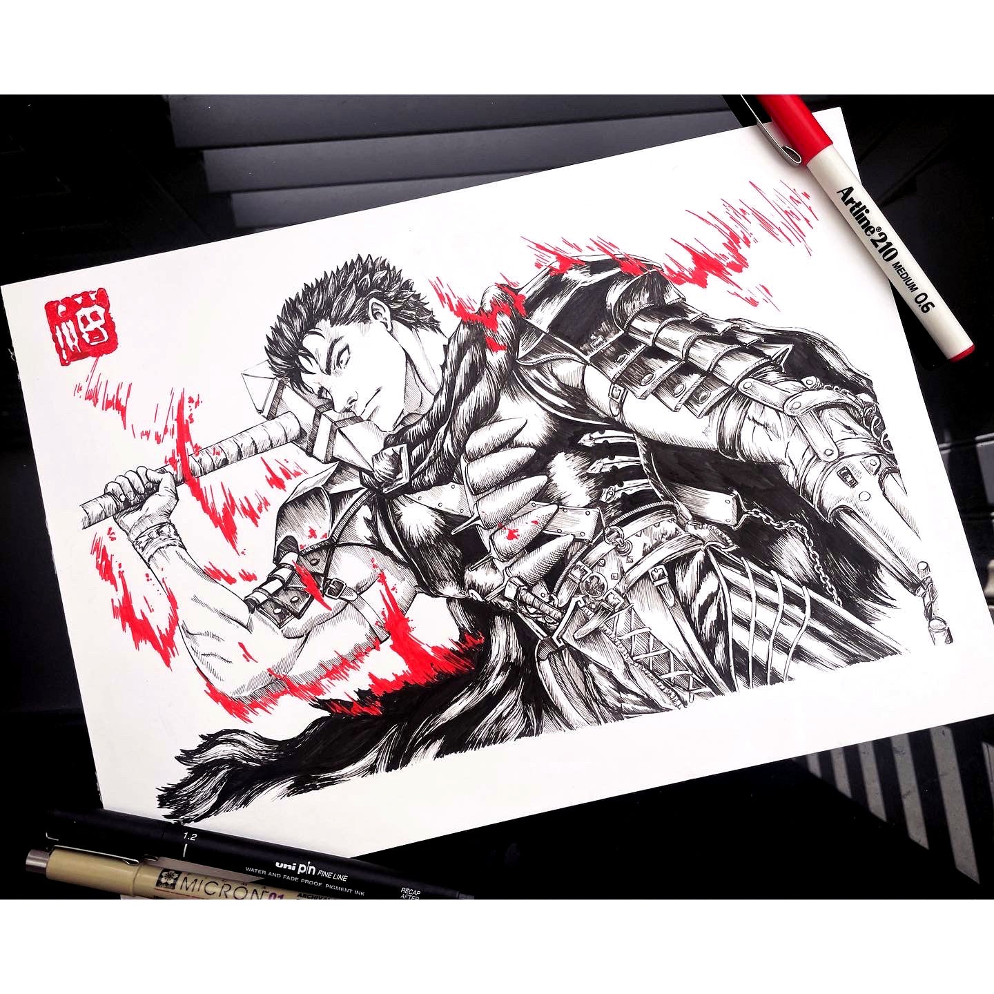 Blood and Guts, illustration of Guts from Berserk, shown in detailed armor with a massive sword over his shoulder. Red accents highlight the weapon, armor, and surrounding aura, emphasizing intensity and power. 