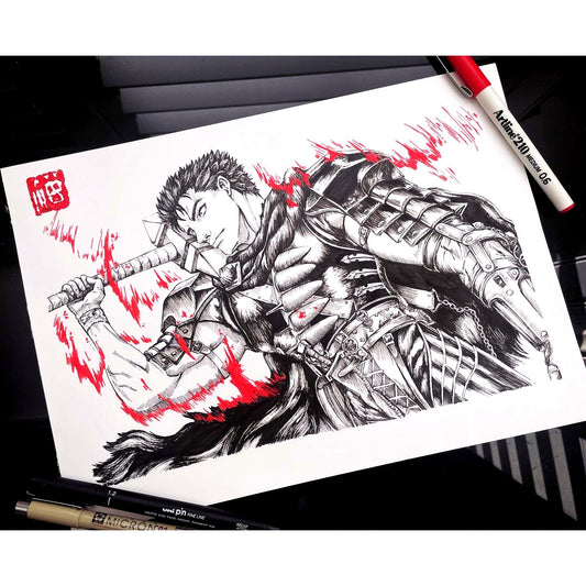 Blood and Guts, illustration of Guts from Berserk, shown in detailed armor with a massive sword over his shoulder. Red accents highlight the weapon, armor, and surrounding aura, emphasizing intensity and power. 