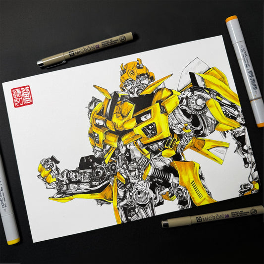 Hand‑drawn illustration of Bumblebee from Transformers in a dynamic action pose, printed as a vibrant art poster/print.