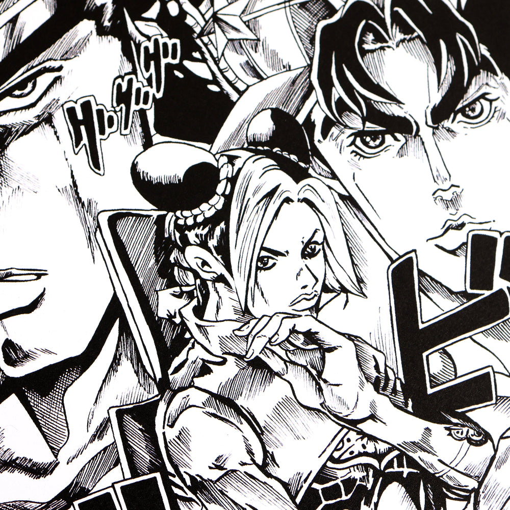 Close up on Jolyne Joestar and Jonathan Joestar from the high quality art print, Call Me JoJo, inspired by Jojo's Bizarre Adventure. 