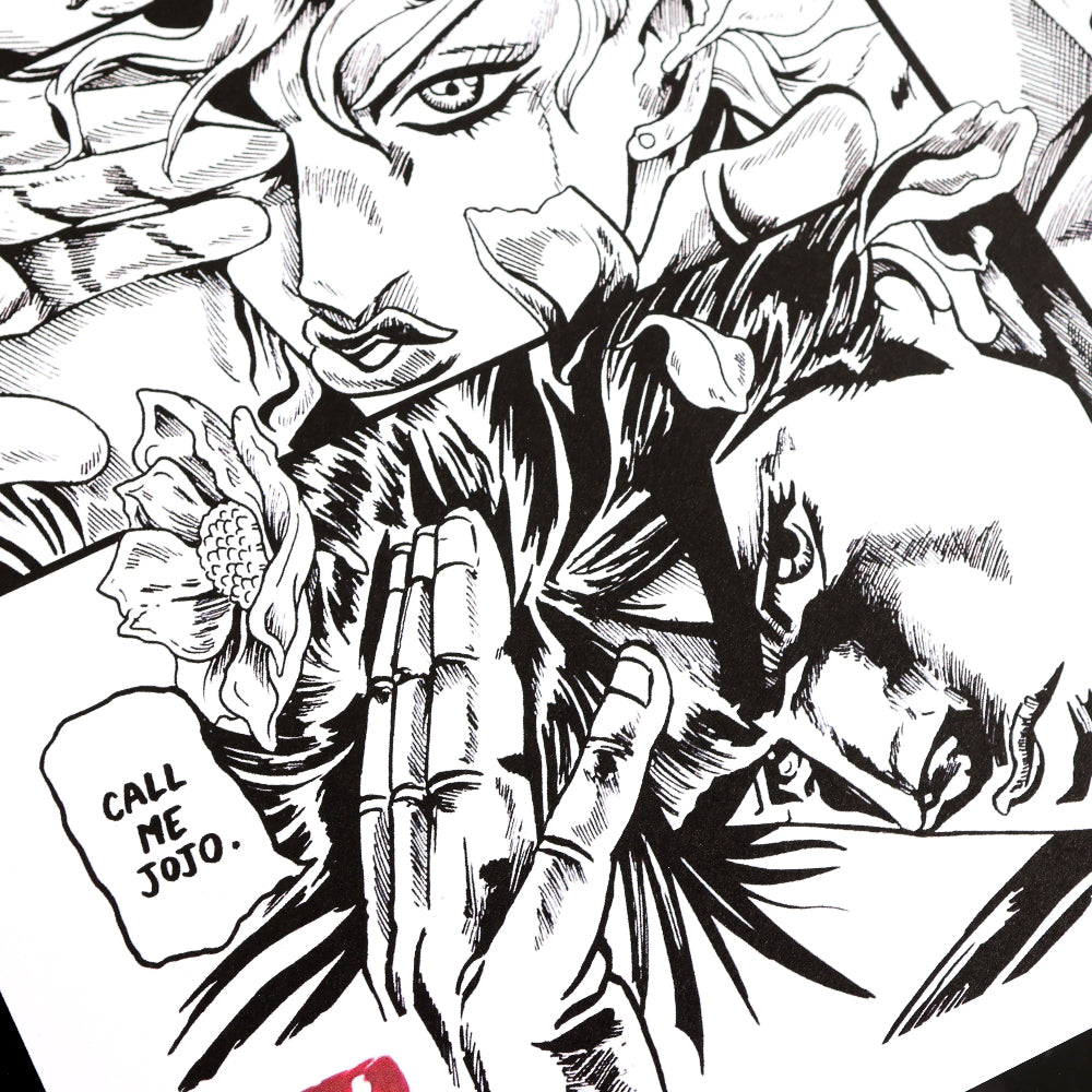 Close up on Joseph Joestar and Giorno Giovanna from the high quality art print, Call Me JoJo, inspired by Jojo's Bizarre Adventure.