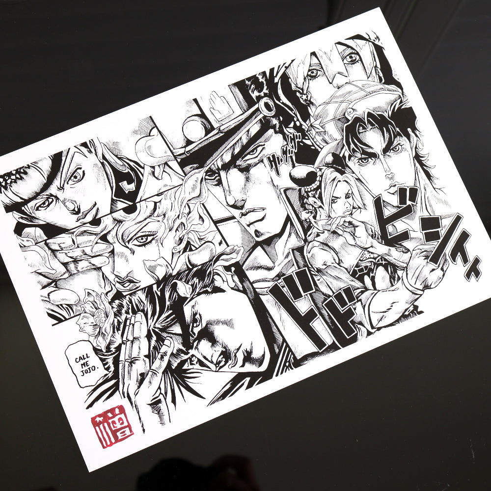 High quality art print, Call Me JoJo, inspired by Jojo's Bizarre Adventure. Featuring the legendary characters, including Jonathan, Joseph, Josuke, Jotaro, Jolyne, Giorno, and Jodio,