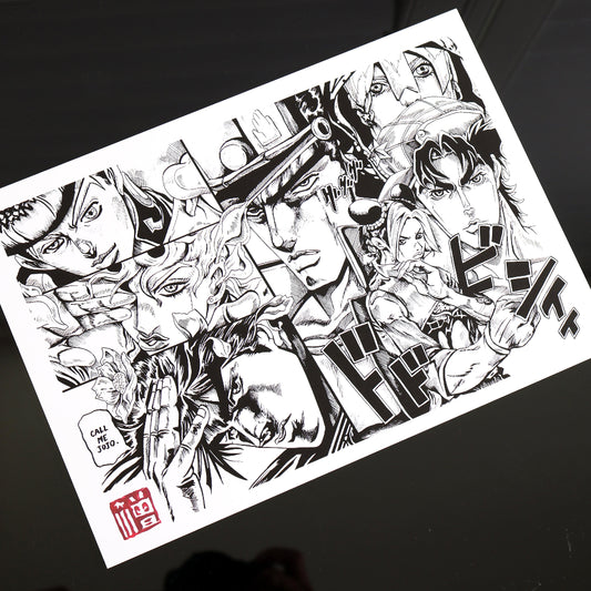 High quality art print, Call Me JoJo, inspired by Jojo's Bizarre Adventure. Featuring the legendary characters, including Jonathan, Joseph, Josuke, Jotaro, Jolyne, Giorno, and Jodio,