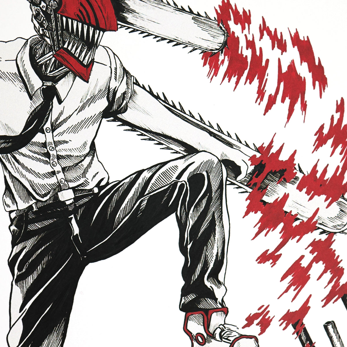 Chainsaw Man poster closeup with chainsaws protruding from Denji's arms and head in manga-style illustration – Artysn Studio