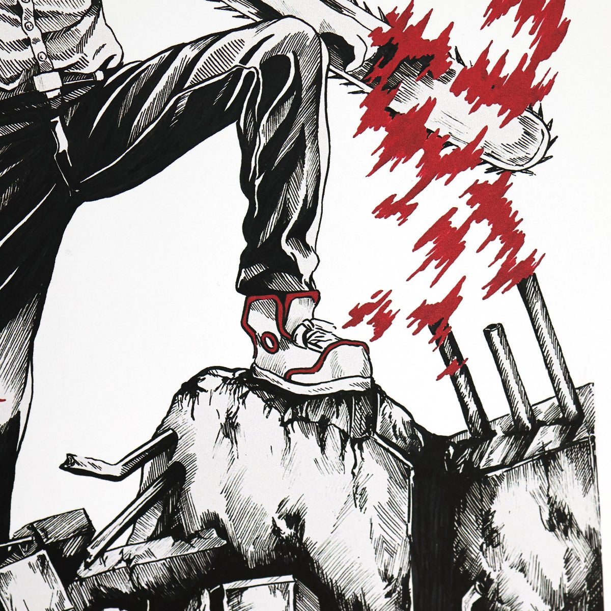 Chainsaw Man poster closeup on Denji's leg with chainsaws protruding from arms in manga-style illustration – Artysn Studio