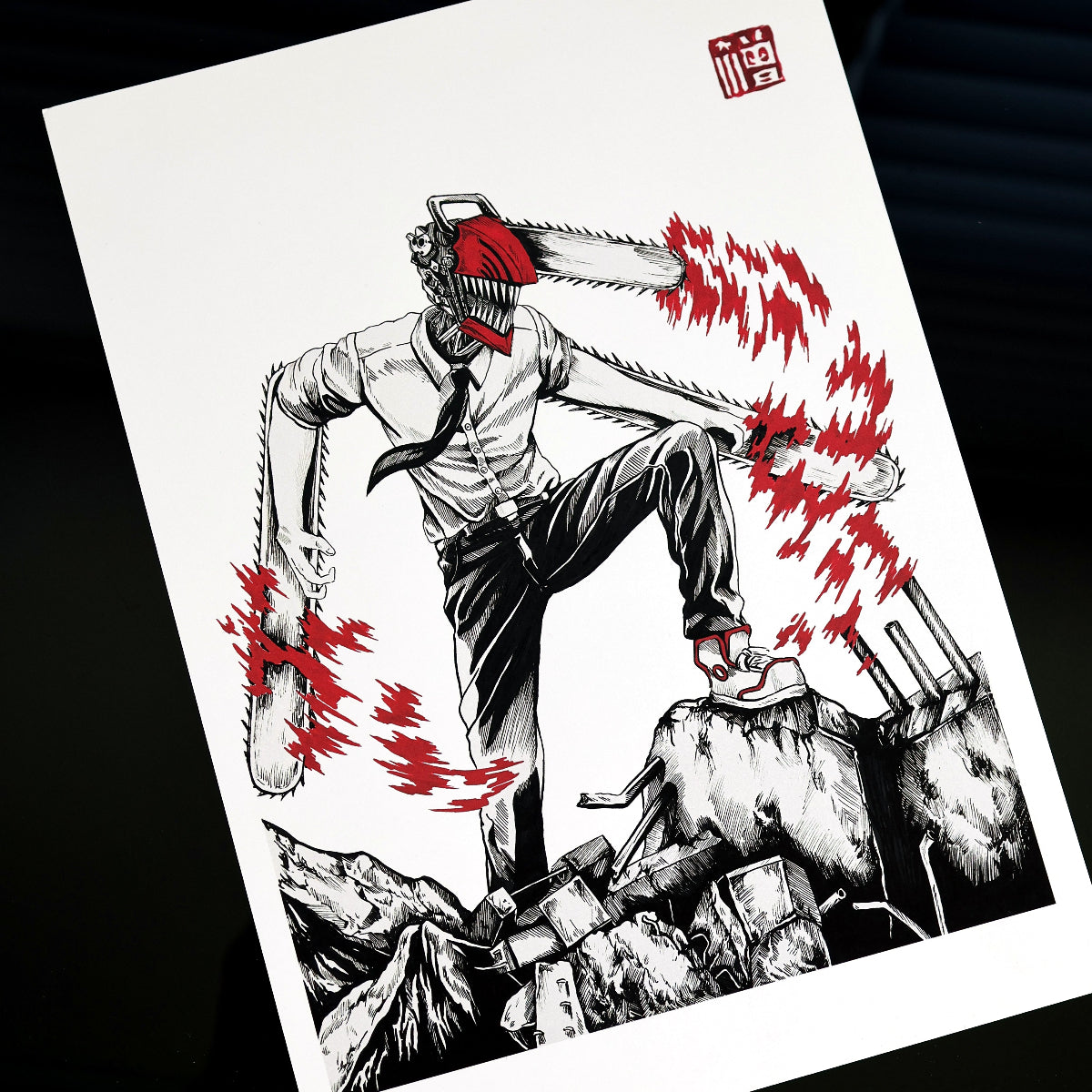 Chainsaw Man fan art poster featuring Denji in transformed state with chainsaws and battle debris – Artysn Studio