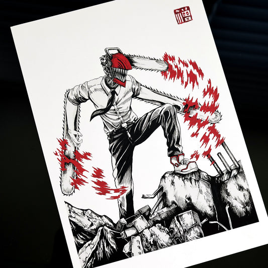 Chainsaw Man fan art poster featuring Denji in transformed state with chainsaws and battle debris – Artysn Studio