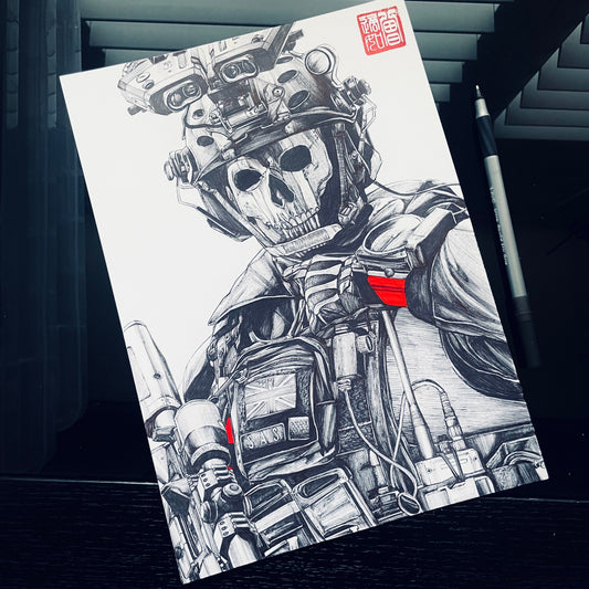 Artistic illustration of the mysterious special forces' operator, Lieutenant Simon "Ghost" Riley from Call of Duty