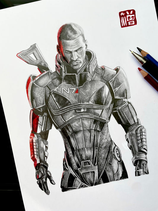 Detailed fan art poster of Commander Shepard in N7 armor, sci-fi gaming wall decor