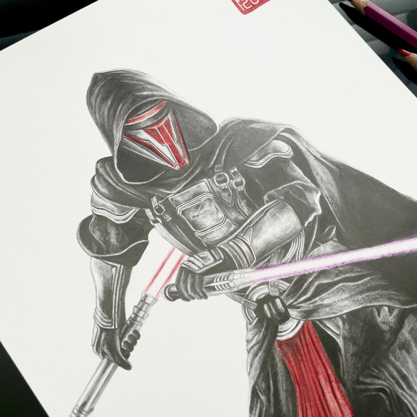 Close-up of Darth Revan illustration showing texture and shadows