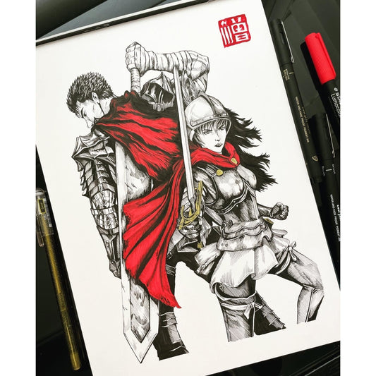 Guts and Casca Poster – Berserk Fan Art Print for Anime Collectors, capturing the essence of the determined warrior, Guts, alongside the brave and loyal Casca.