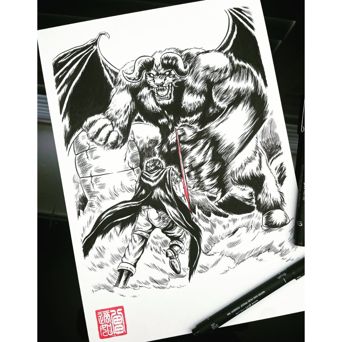 Guts vs. Nosferatu Zodd Poster – Berserk Fan Art Print for Anime Collectors depicting the intense battle between Guts and Nosferatu Zodd, inspired by the Berserk manga. This detailed illustration brings the legendary showdown to life, capturing Guts’ unrelenting determination and Zodd’s terrifying presence. 