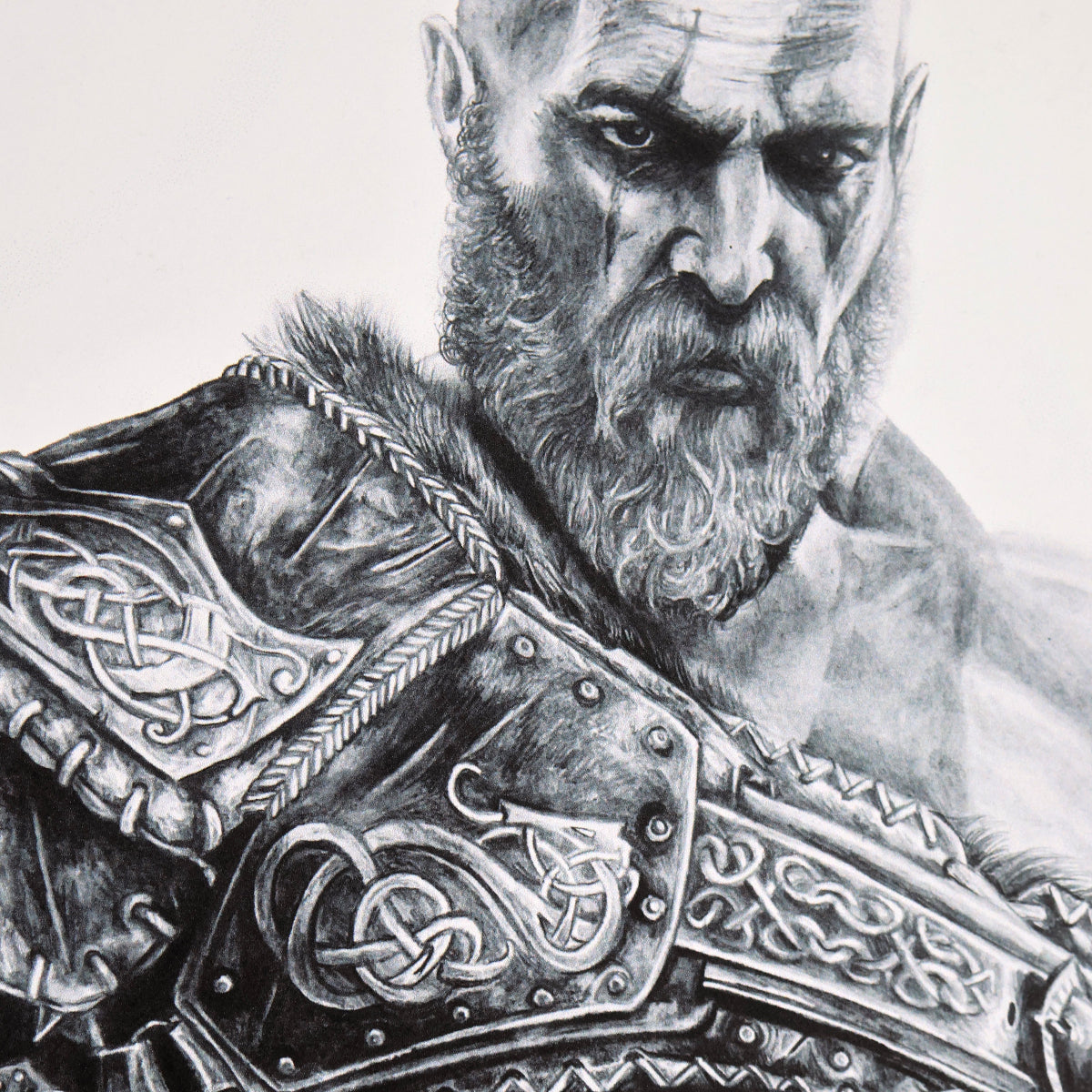 Clseup on head of Kratos Pencil Portrait