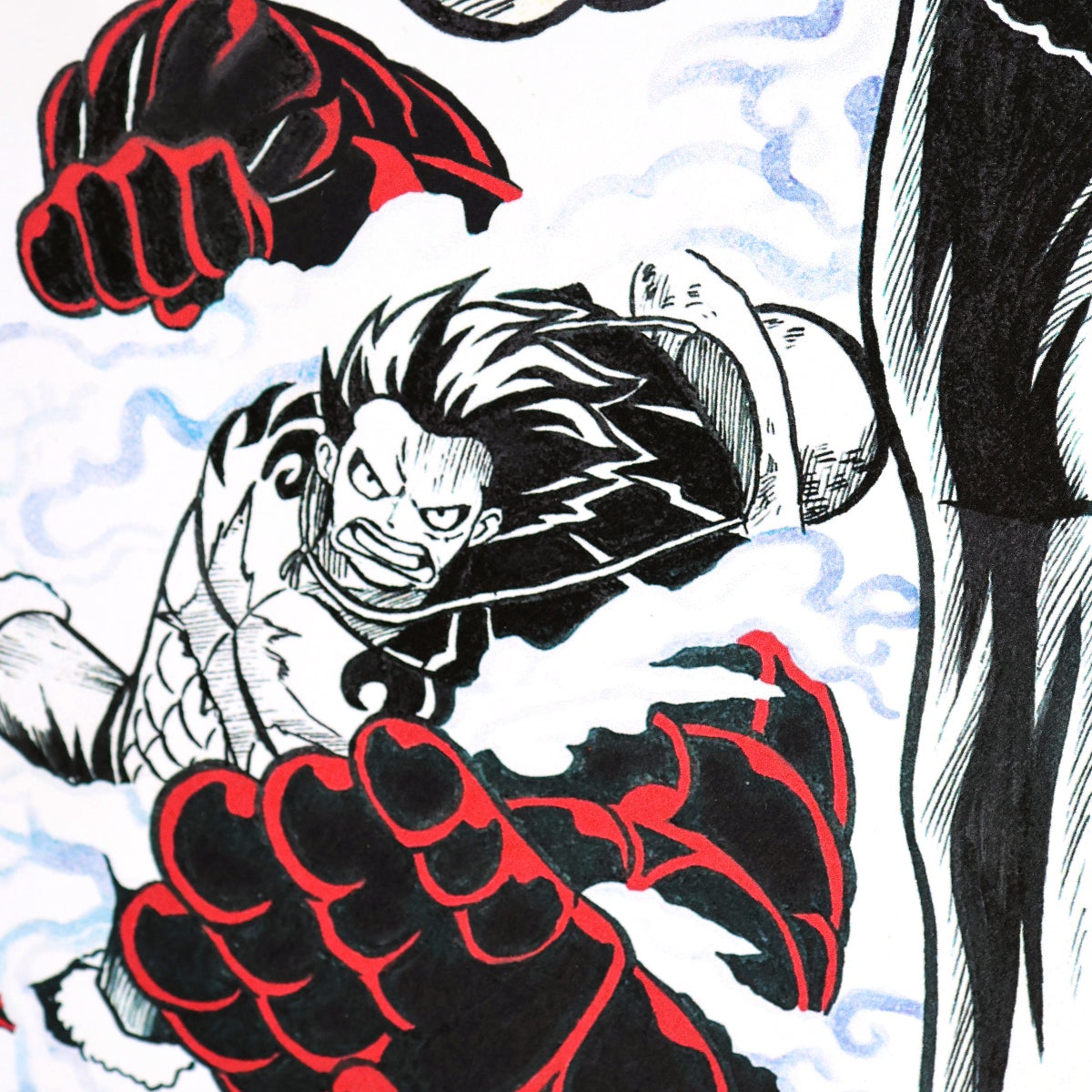 One Piece fan art poster closeup featuring Luffy in Gear Fourth forms – Artysn Studio
